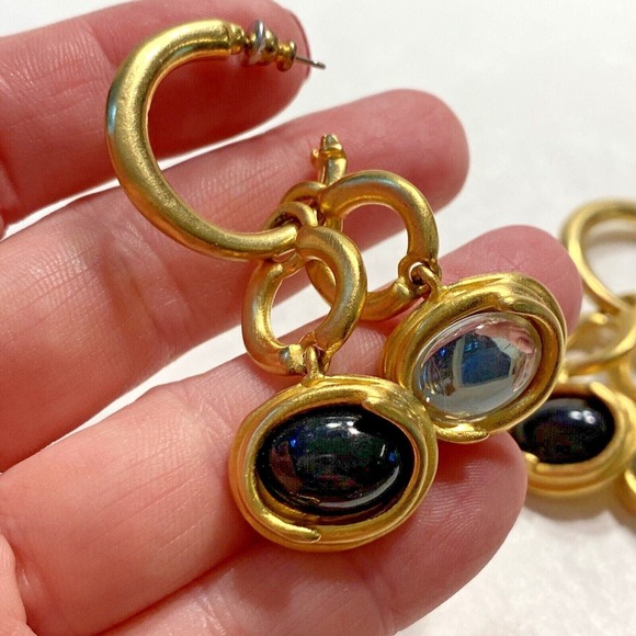 Mod goldtone pierced earrings drop dangle hoops rich black & white designer chic - Picture 3 of 5